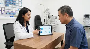 A woman in a white lab coat showing a tablet to a man in an office