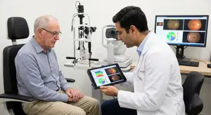 An older man wearing glasses speaks with an eye doctor while the doctor displays an image of the man's eye on an iPad