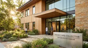 Vision Care Collective Optometry & Eyewear building with three people entering