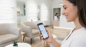 A smiling woman holds a smartphone with the calendar app open in a white room. She is looking at her phone.