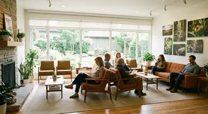 Group of people sitting in a living room with large windows overlooking a garden
