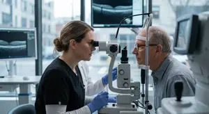Ophthalmologist examining the eyes of an elderly man
