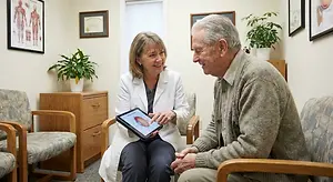 doctor and patient in office examining medical tablet