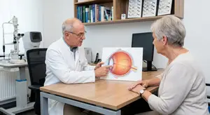An older man in a white lab coat is talking to an older woman about her eye health in a medical office.