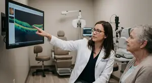 An ophthalmologist explains an eye scan to a patient in a clinic.