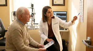 An elderly man in an exam room looking at a chart with an ophthalmologist