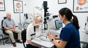 Old woman sitting in front of an eye doctor wearing a blue mask with her eyes closed