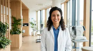 A smiling woman in a lab coat stands in a medical office hallway.
