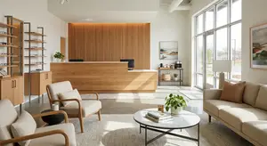 An empty reception area in a modern design interior with a wooden counter, beige chairs, and a white couch. The counter has a monitor and a plant. The area has a white floor, white walls, and large glass windows. There is also a table with a basket, a coffee maker, a kettle, a small lamp, and a picture frame on the wall.