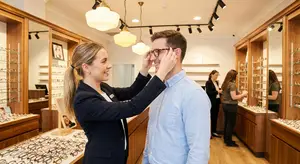 Optometrist helping customer try on glasses in a boutique eyewear store.