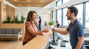 A smiling woman hands a card to a smiling man at a desk in an office setting