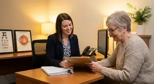 Optometrist showing a patient their test results in an office