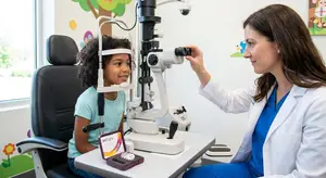 A young girl getting her eyes checked by an optometrist in an exam room