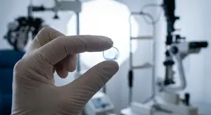 hand holding contact lens near an optometrists equipment