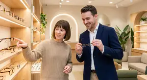 A man and woman are smiling while looking at glasses on a shelf in a store.