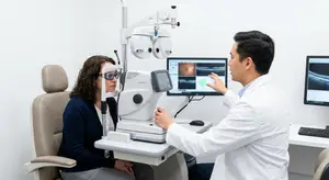 An eye doctor is examining a woman's eye using a machine in a clinical setting
