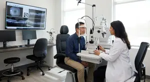 In an eye clinic, a patient is sitting in a chair while a doctor is using an eye examination machine. The doctor is wearing a white coat and has a stethoscope around her neck. Behind the patient, there is a monitor displaying images of the patient's eyes. The room has a white wall and a large window with a view of the outside.