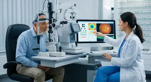 An older man getting his eyes checked by a woman in a white coat in an office