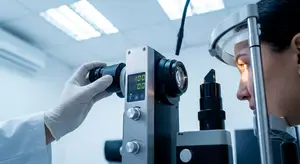 A medical professional is examining a patient's eyes with an ophthalmoscope in a clinical setting.