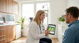 A woman doctor showing a patient a retinal scan on a tablet