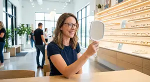 A woman wearing glasses is smiling while holding a mirror in front of her in a store.
