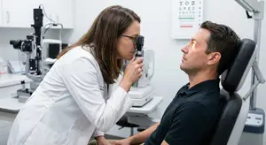 A woman optometrist is checking the eyes of a male patient in an eye clinic.