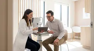 A man in a white coat is talking to a woman in a white coat in an office.