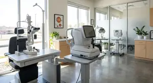 Modern optometrist's office with a glass wall and several eye exam equipment and a picture of the eye