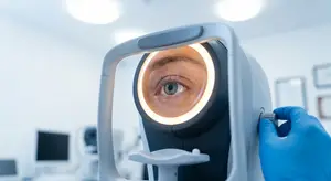A person having their eyes examined using a slit lamp in an eye examination room