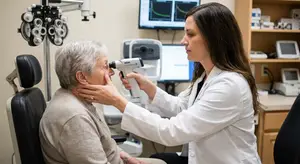 A woman doctor examining an elderly woman's eyes