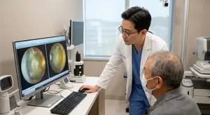 An optometrist uses a computer to show an older patient eye images from an OCT scan.