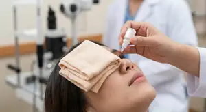 Doctor applying eye drops to a woman sitting in a clinic.