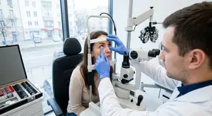Ophthalmologist examines the eyes of a young woman in a clinic, looking through a microscope.