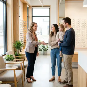 A family of four stands in front of a desk and speaks to a woman in a tan blazer in a medical office.