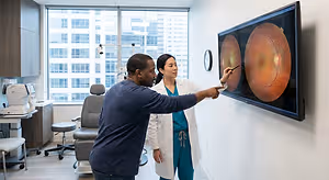 A doctor points to a monitor in a medical office to explain a patient's eye condition.