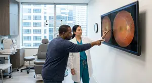 A doctor points to a monitor in a medical office to explain a patient's eye condition.