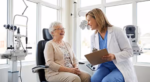 A woman with white hair sits in an optometrist's chair and talks to a doctor in a white coat.