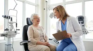 A woman with white hair sits in an optometrist's chair and talks to a doctor in a white coat.