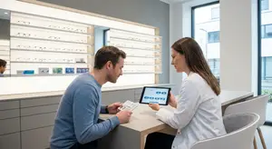 A doctor discusses eyeglasses with a patient in an optometrist's office.