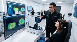 A man in a black suit is showing a woman sitting in a chair a visual examination of her eye on a monitor