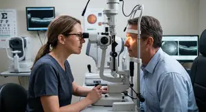 An optometrist is examining a man's eyes in an eye clinic