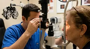 A man wearing a blue shirt is examining a woman's eye with a microscope.