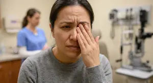 A woman in a hospital room covering her face with her hand
