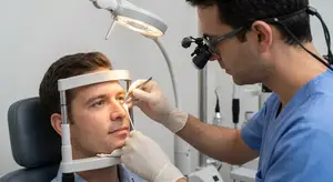 A man wearing blue scrubs examines a patient's eye with a medical instrument.