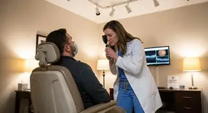 An optometrist is examining a patient's eyes using an ophthalmoscope in a clinic room.