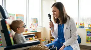 A woman in a white lab coat holds an ophthalmoscope to a young child's eye