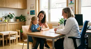 A mom is sitting at a table with her young son and a doctor is sitting at the table with them as well