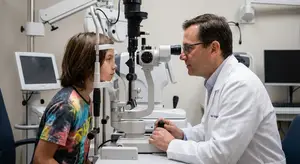 A young girl is having her eyes checked by a doctor in a lab coat.