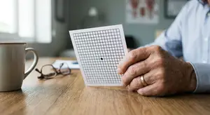 An older man taking a visual test with a paper grid in front of him