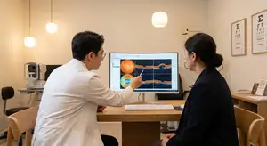 an eye doctor in a white coat explaining something on a computer monitor to a woman